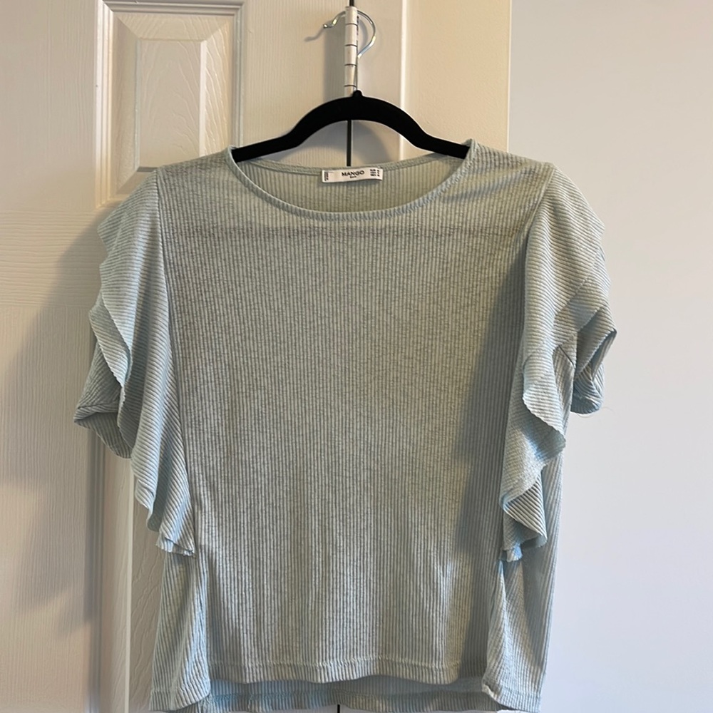 Gently worn Mango teal shirt with fun shoulders!